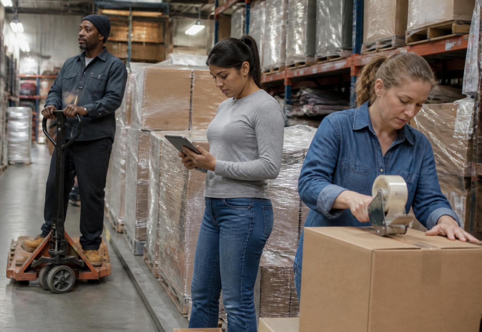 A warehouse team moving, checking and packing inventory beside stacked pallets