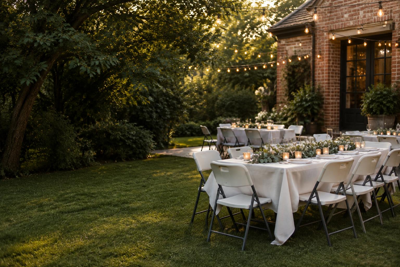 Event inspiration: folding chairs and banquet tables in a warmly lit garden; not actual Nest Pointe inventory