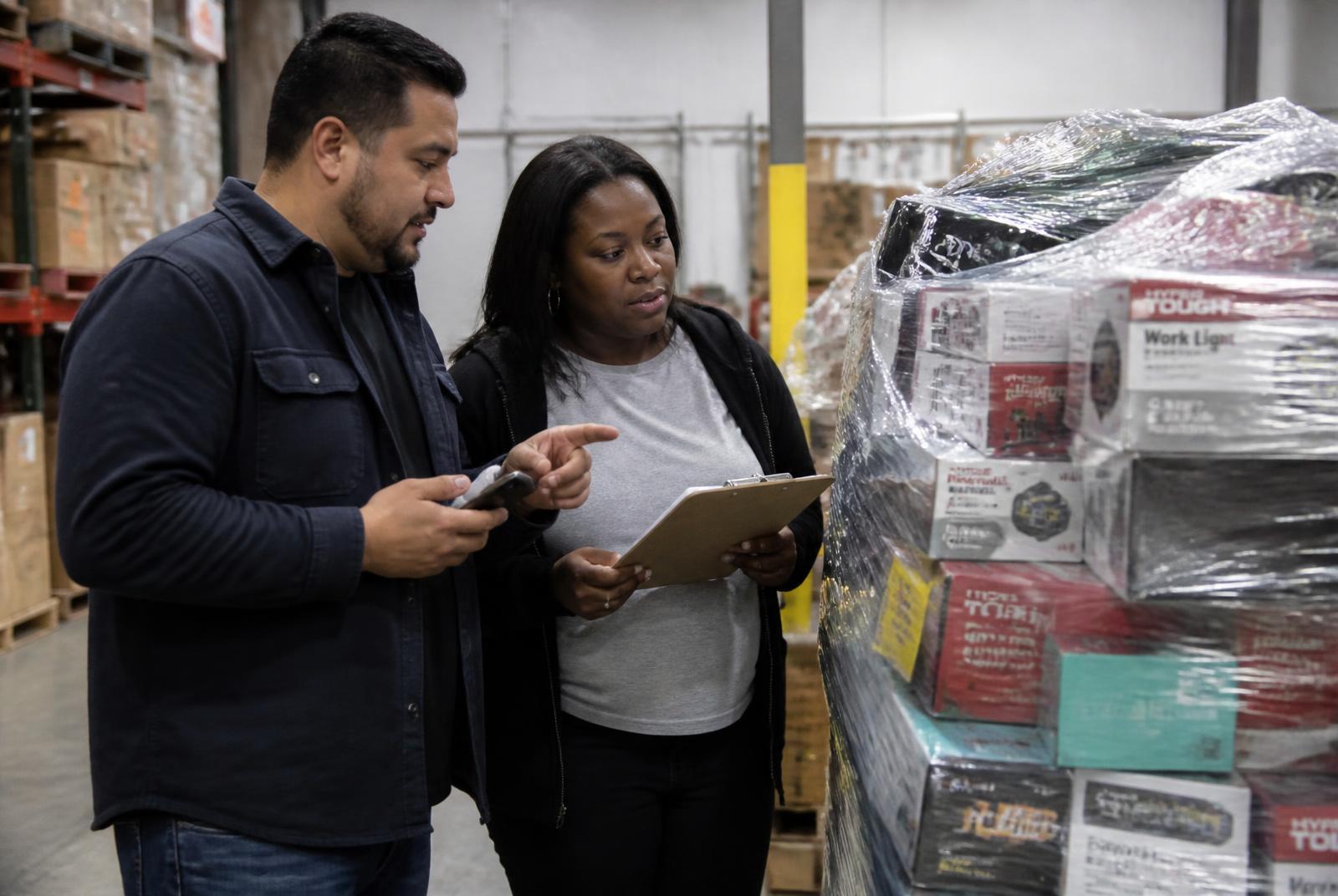 A Latino man and a Black woman inspecting a shrink-wrapped pallet of mixed merchandise with a clipboard