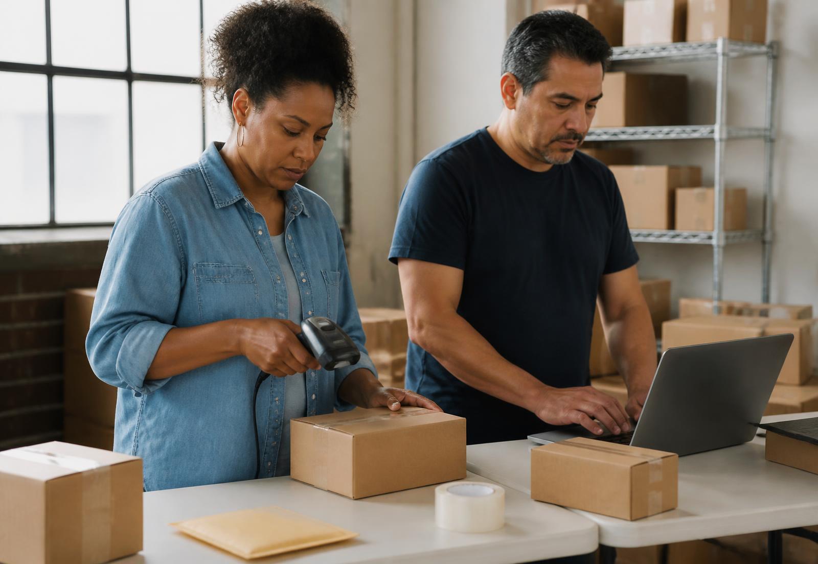 Two small-business resellers scanning and listing boxed inventory in their workspace